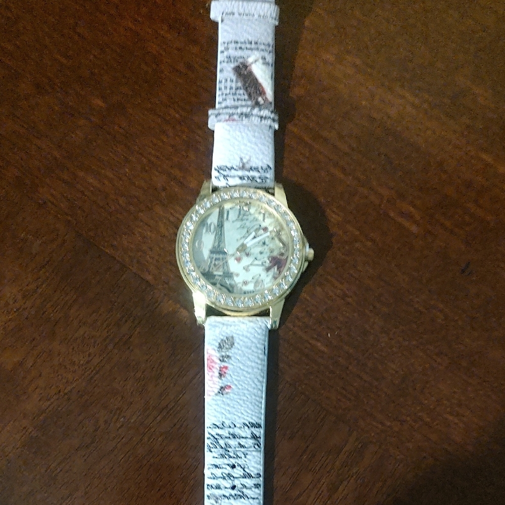 Gold Watch with Floral and Script White Strap